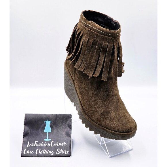 Fly London Women's Brown Suede Leather Fringe Wedge Ankle Booties Size 7.5 2188 - Picture 13 of 16